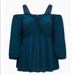 TEAL GAUZE COLD SHOULDER PEPLUM BLOUSE